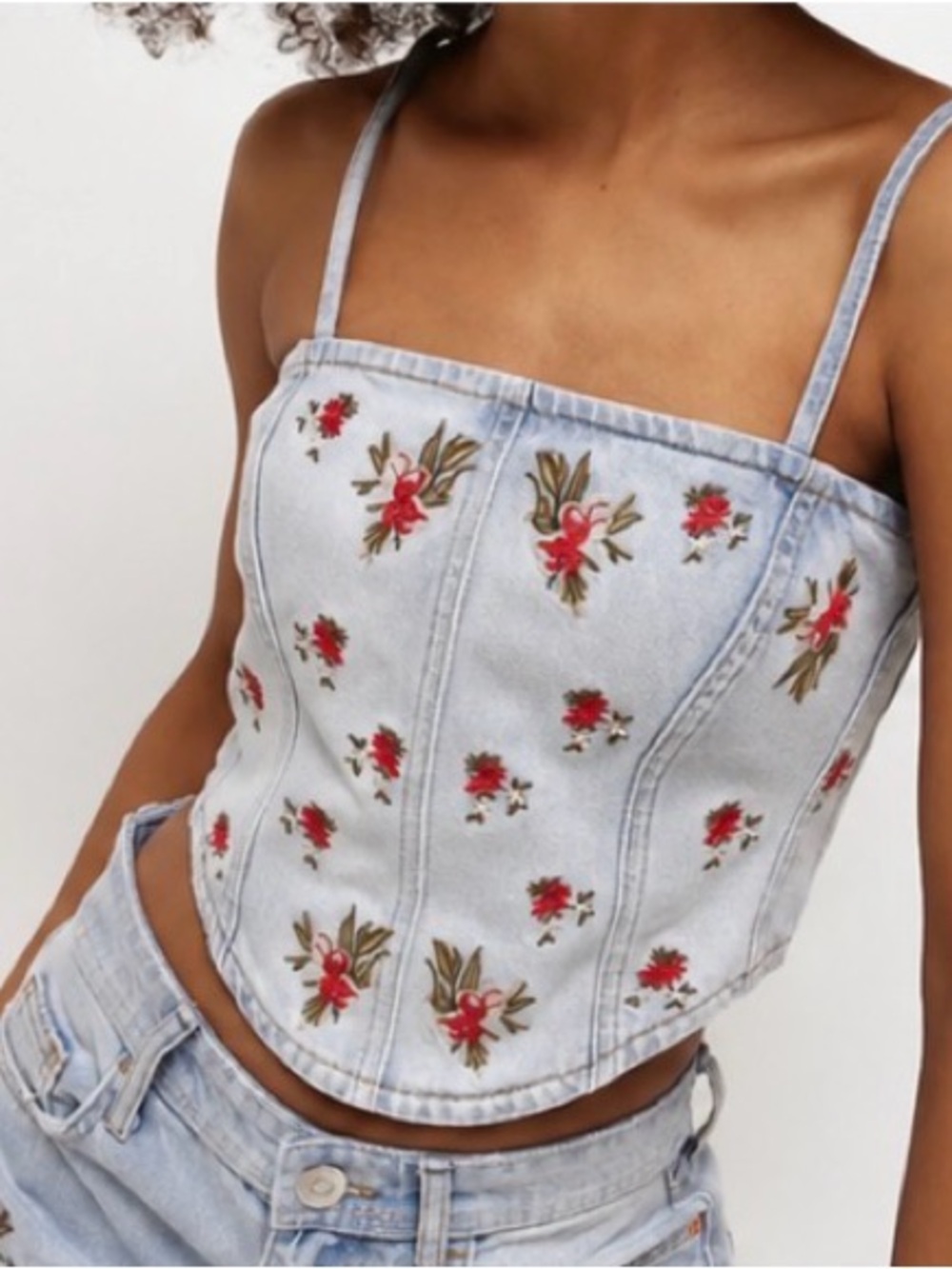 River Island Light Wash Denim Corset Cami with Red Floral Embroidery NWOT